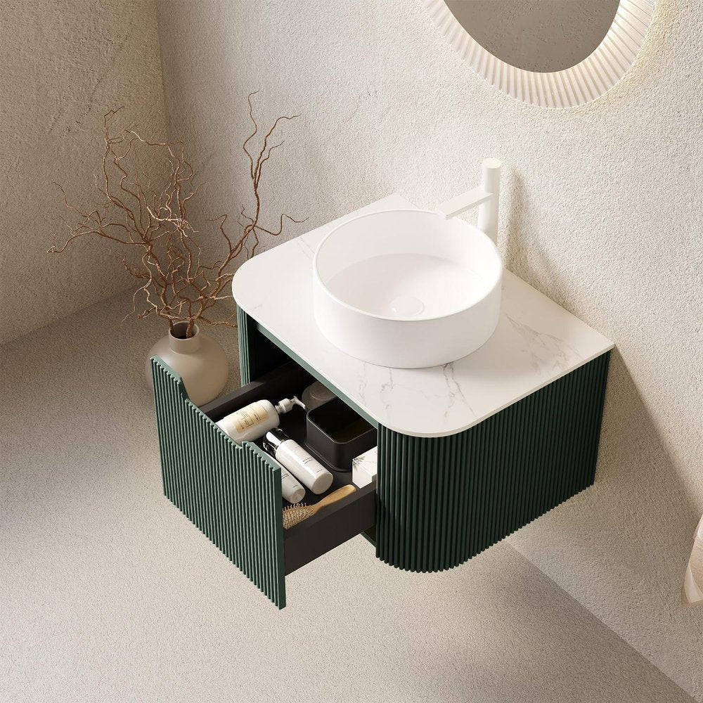 24" Green Wood Floating Bathroom Vanity With White Sink
