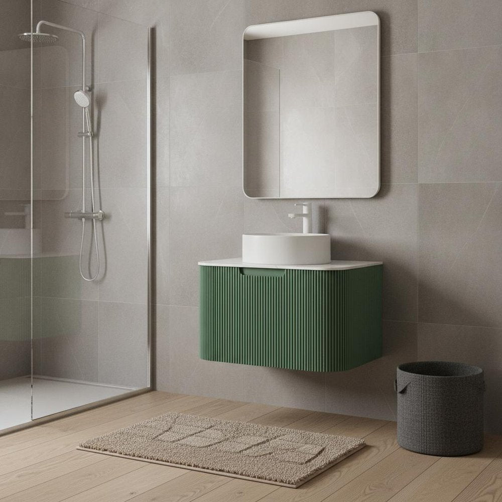 24" Green Wood Floating Bathroom Vanity With White Sink