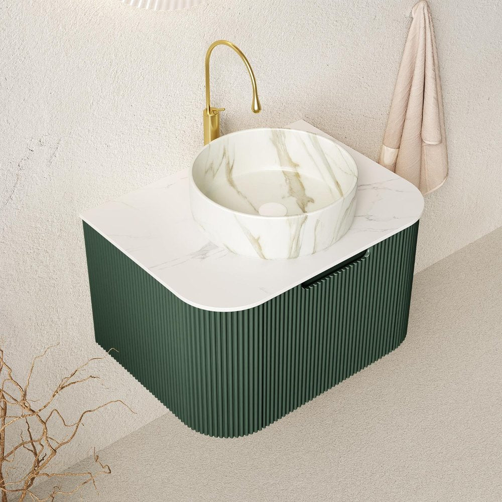 24" Green Wood Floating Bathroom Vanity With White Sink