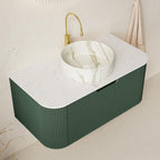 36" Green Wood Floating Bathroom Vanity With White Sink