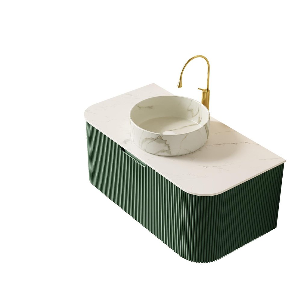 36" Green Wood Floating Bathroom Vanity With White Sink