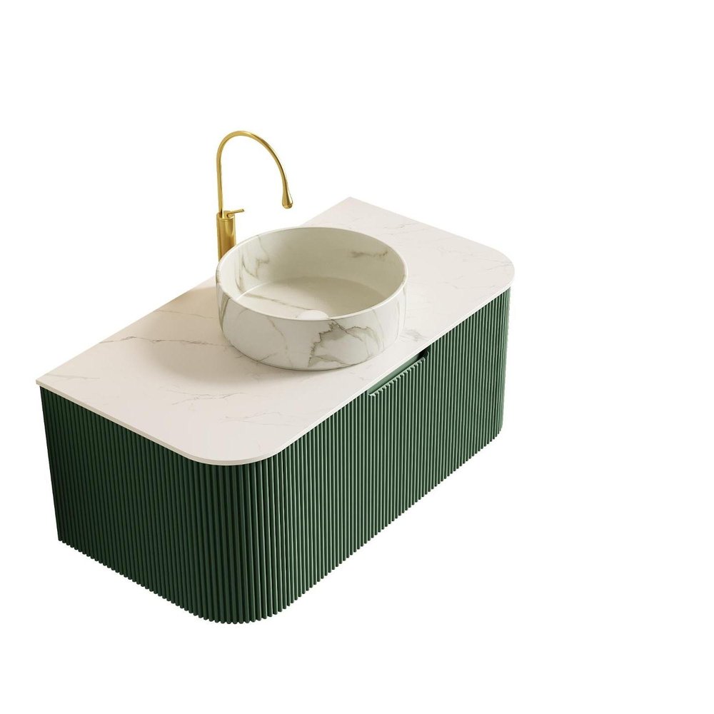 36" Green Wood Floating Bathroom Vanity With White Sink