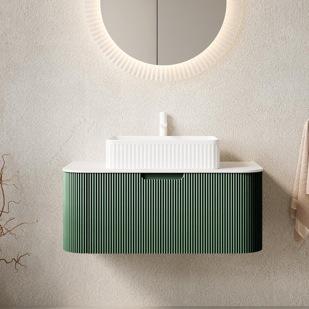 36" Green Wood Floating Bathroom Vanity With White Sink