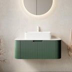 36" Green Wood Floating Bathroom Vanity With White Sink