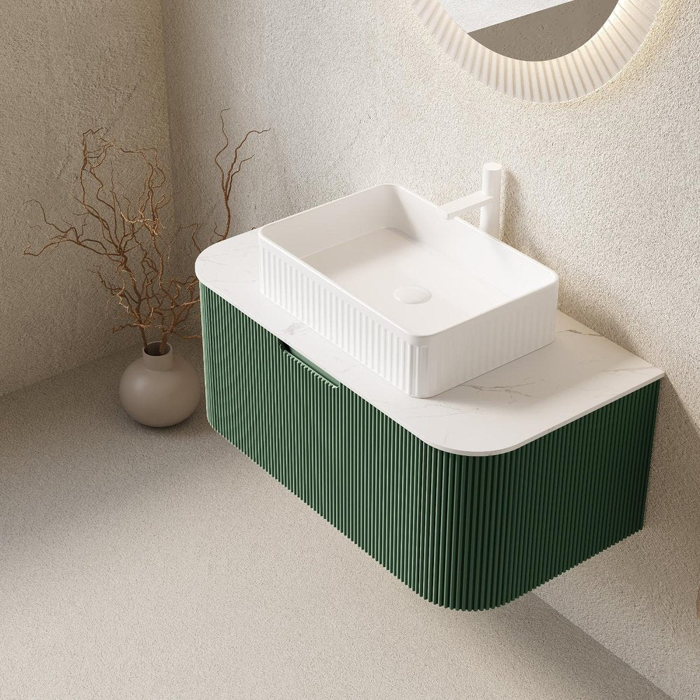 36" Green Wood Floating Bathroom Vanity With White Sink
