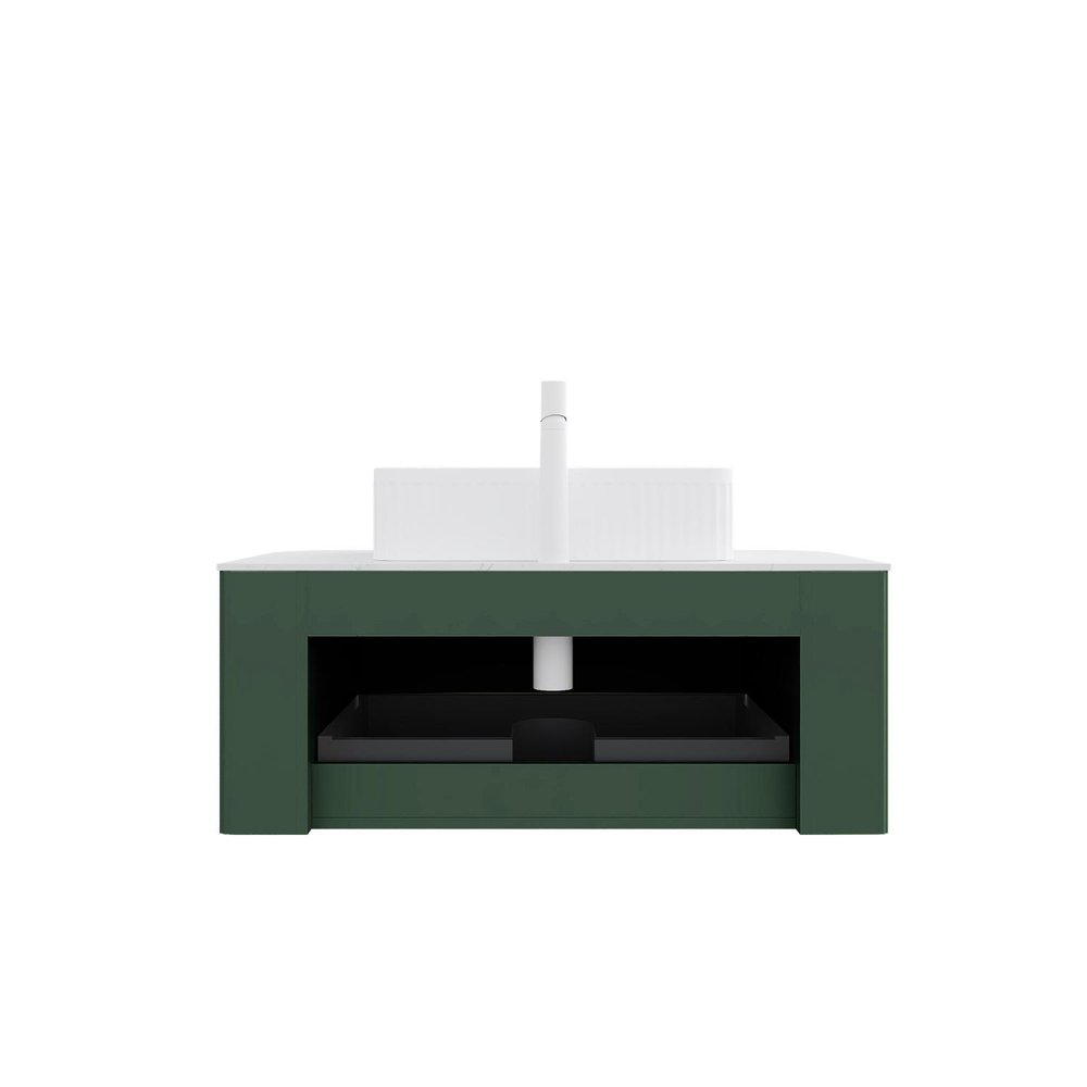 36" Green Wood Floating Bathroom Vanity With White Sink