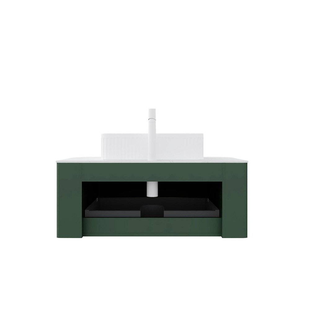 36" Green Wood Floating Bathroom Vanity With White Sink