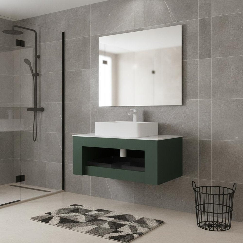 36" Green Wood Floating Bathroom Vanity With White Sink
