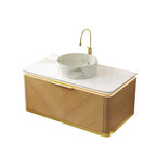36" Brown Wood Floating Bathroom Vanity With White Sink