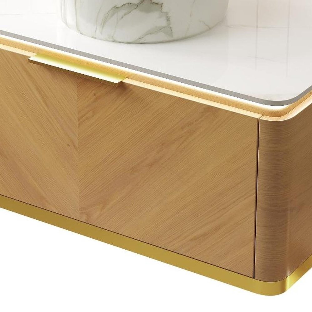 36" Brown Wood Floating Bathroom Vanity With White Sink
