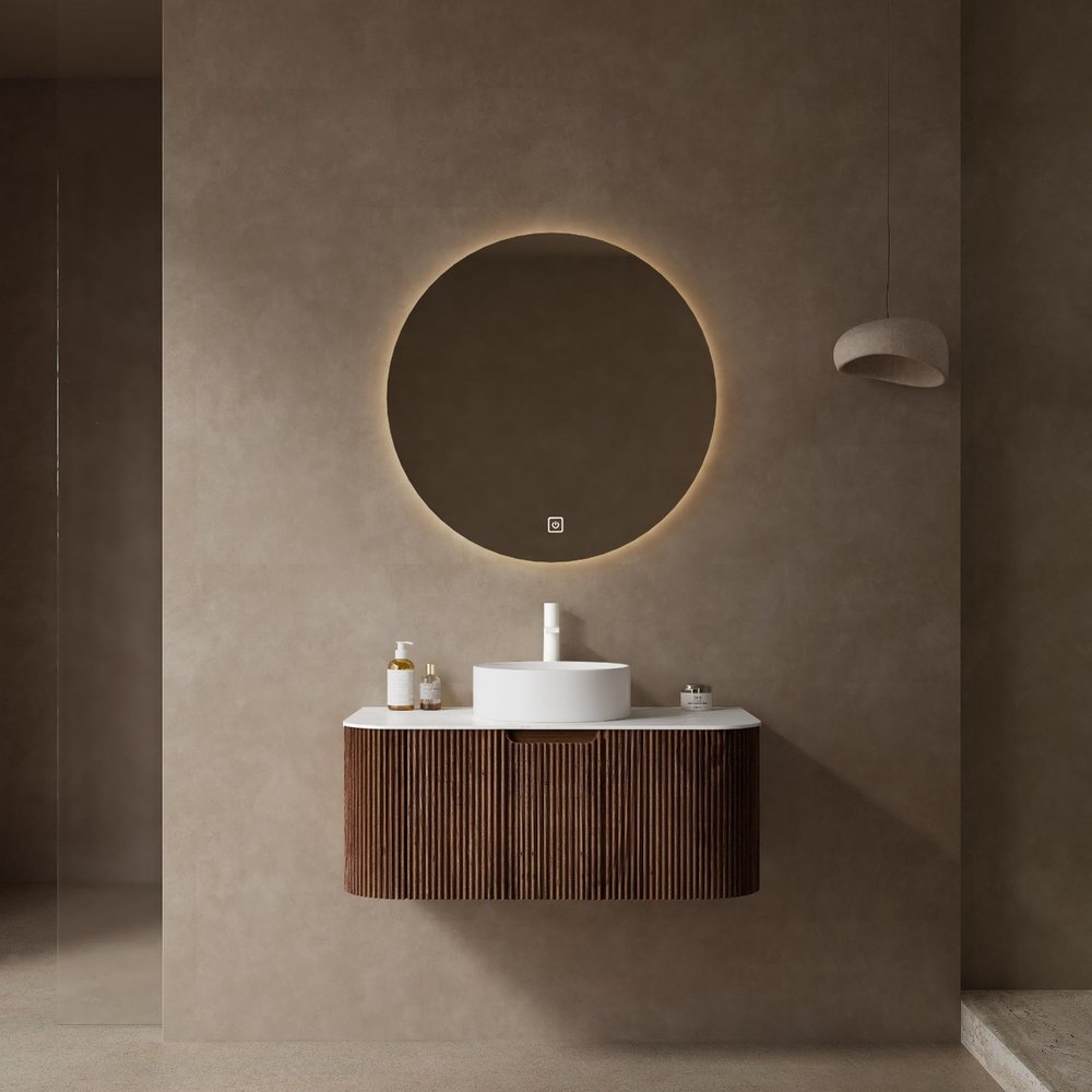 36" Brown Wood Floating Bathroom Vanity With White Sink