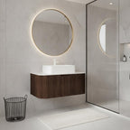 36" Brown Wood Floating Bathroom Vanity With White Sink