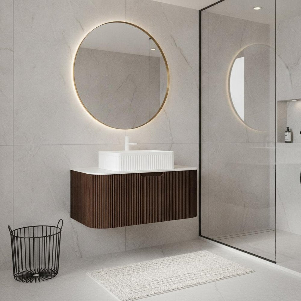 36" Brown Wood Floating Bathroom Vanity With White Sink