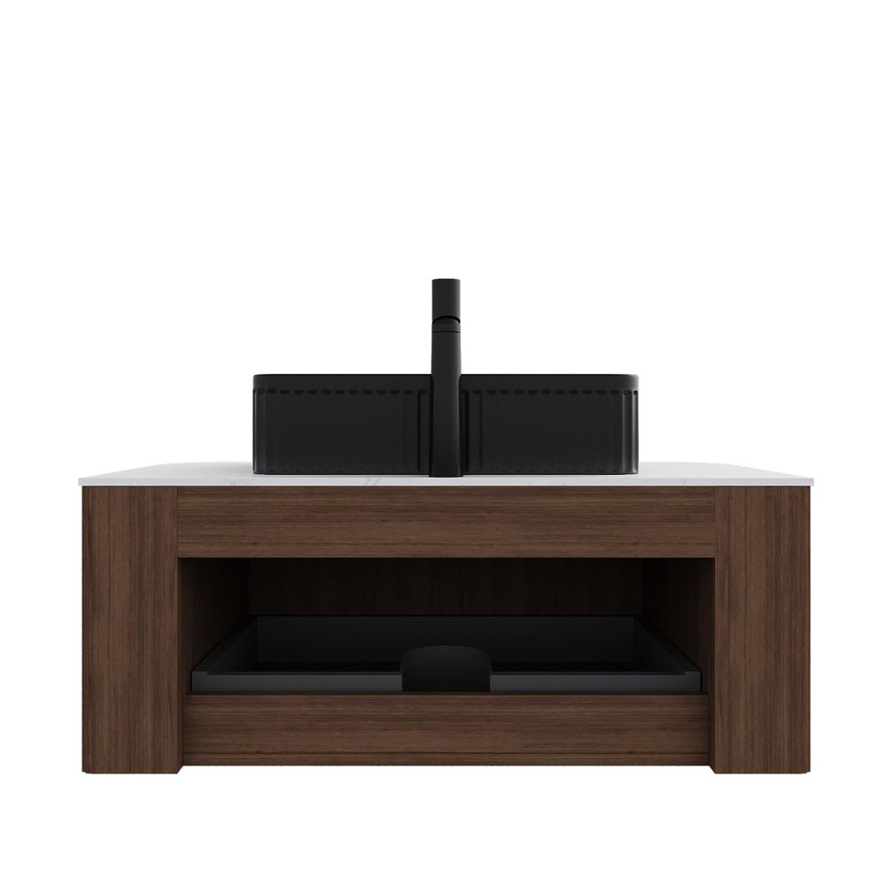 36" Brown Wood Floating Bathroom Vanity With Black Sink