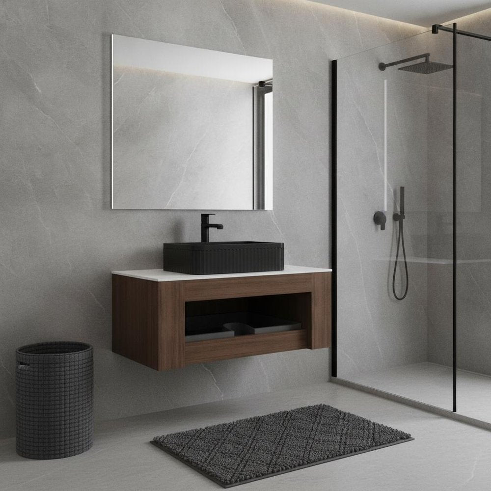 36" Brown Wood Floating Bathroom Vanity With Black Sink