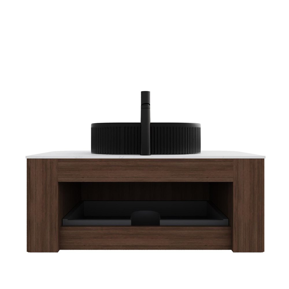 36" Brown Wood Floating Bathroom Vanity With Black Sink