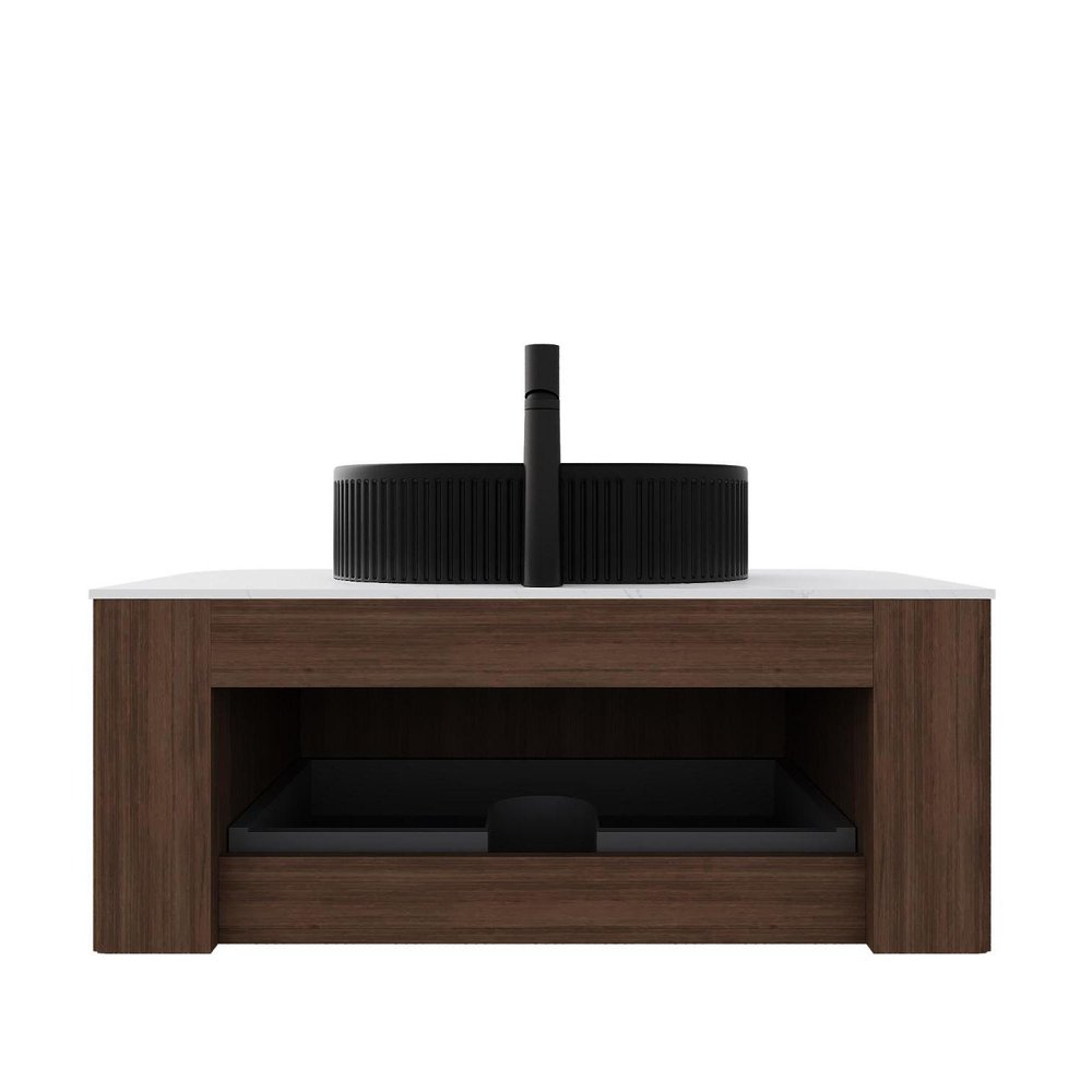 36" Brown Wood Floating Bathroom Vanity With Black Sink