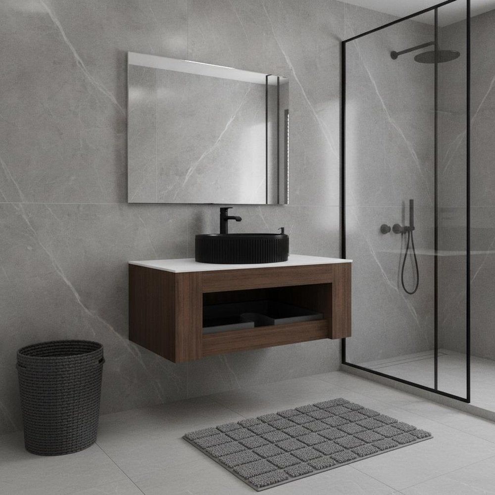 36" Brown Wood Floating Bathroom Vanity With Black Sink