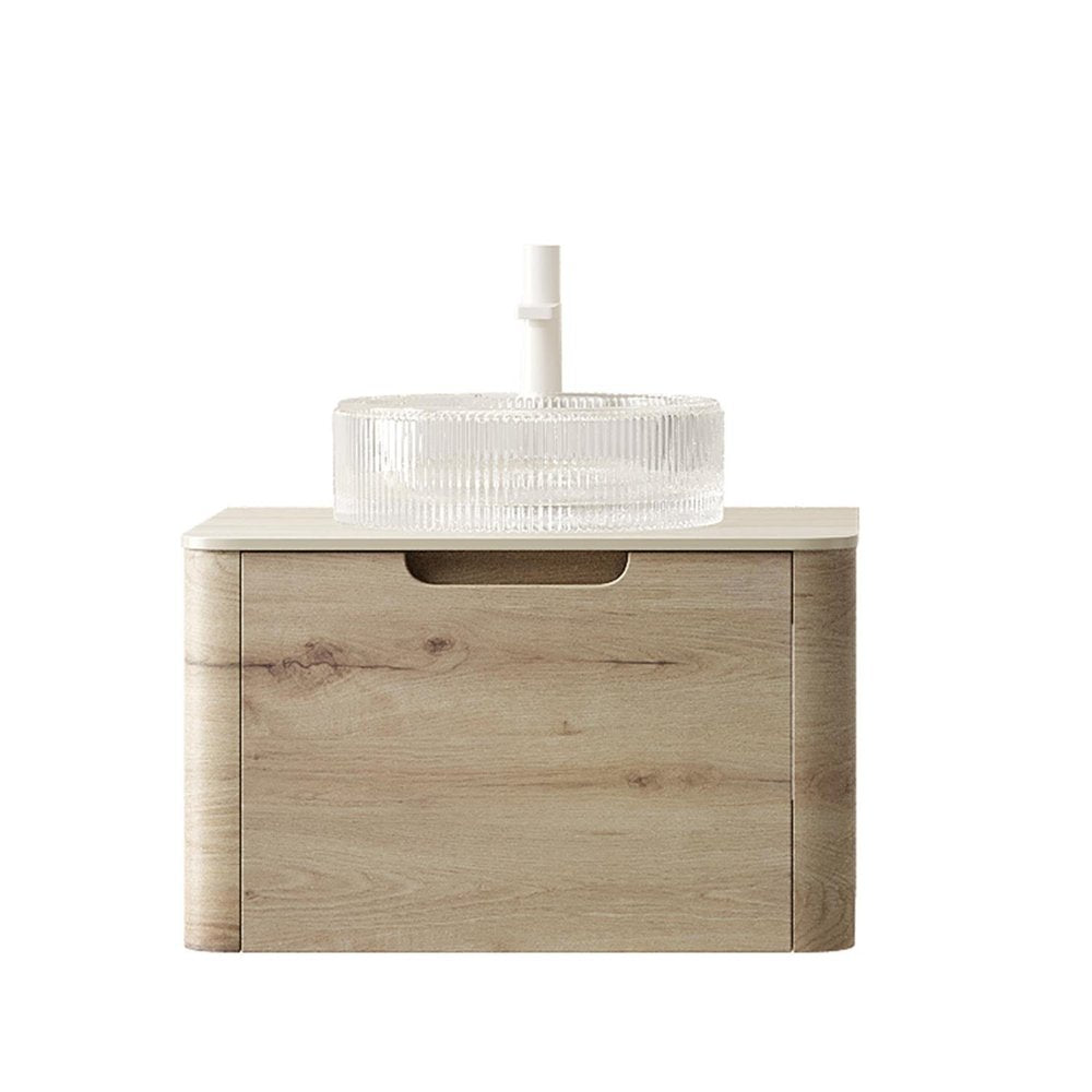 24" Brown Wood Floating Bathroom Vanity With White Sink