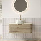 36" Brown Wood Floating Bathroom Vanity With White Sink