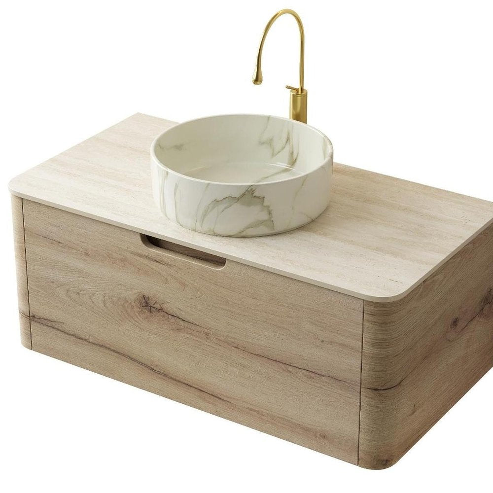 36" Brown Wood Floating Bathroom Vanity With White Sink