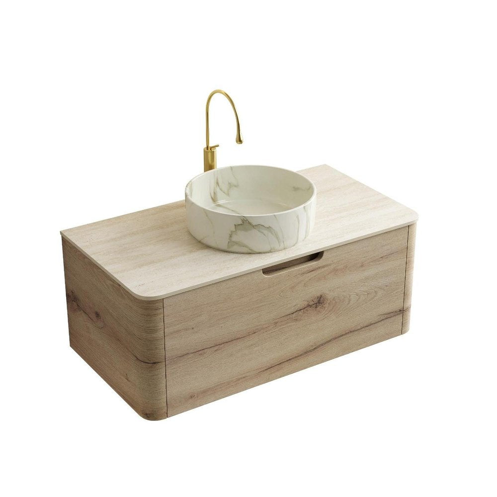 36" Brown Wood Floating Bathroom Vanity With White Sink