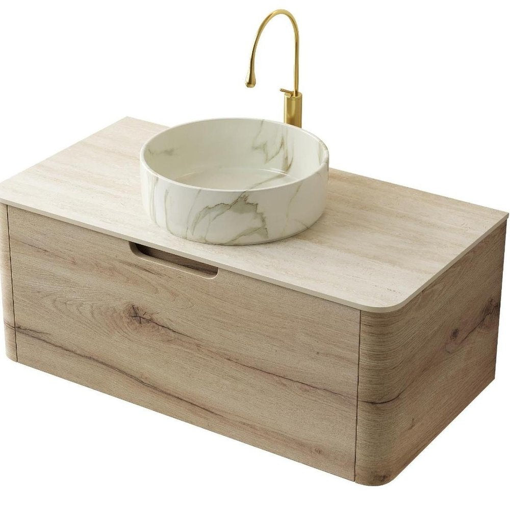 36" Brown Wood Floating Bathroom Vanity With White Sink