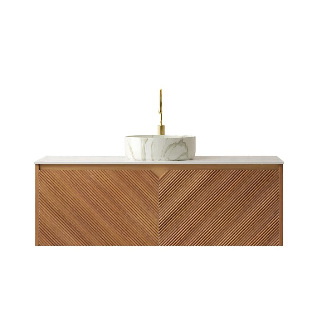 48" Brown Wood Floating Double Door Bathroom Vanity With White Sink