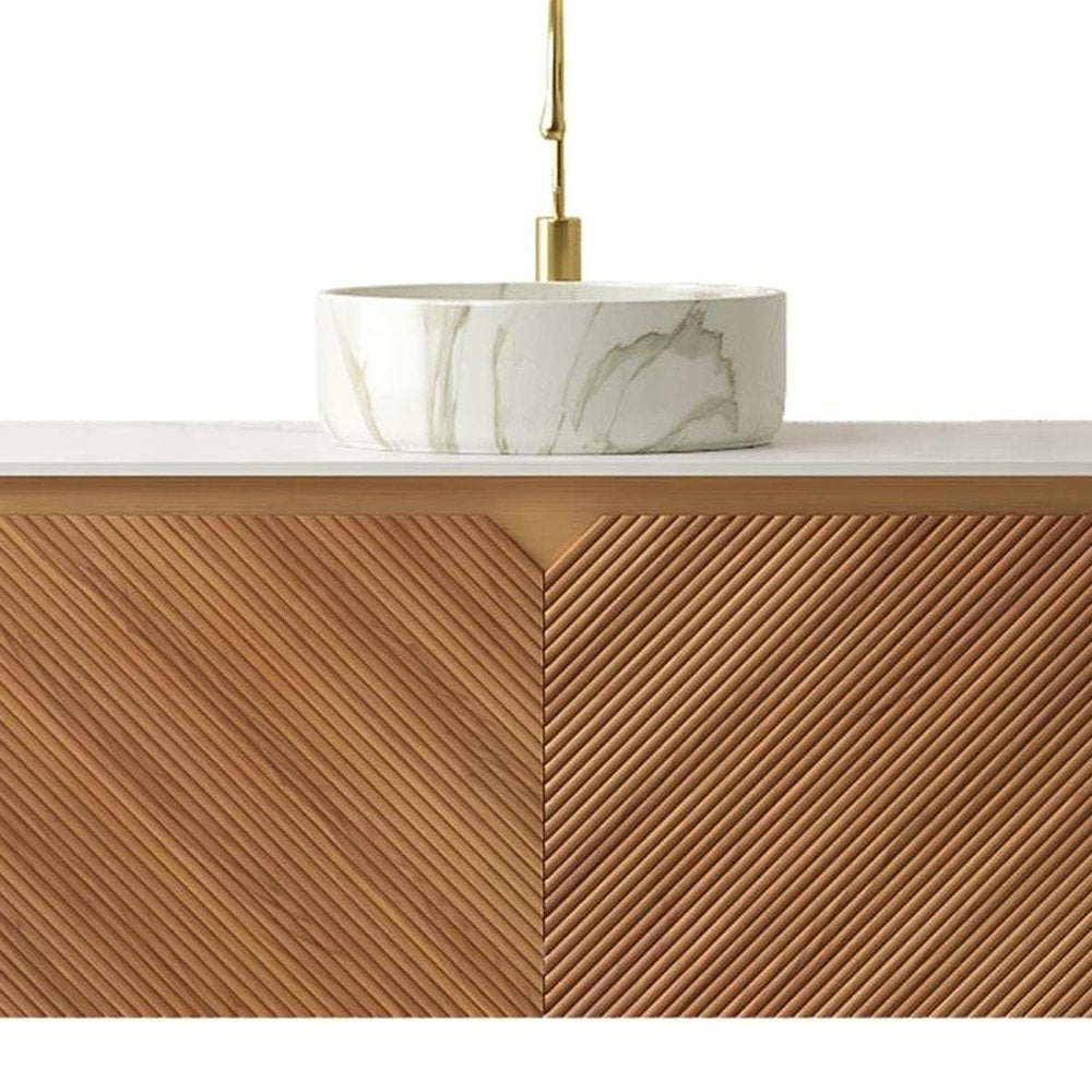 48" Brown Wood Floating Double Door Bathroom Vanity With White Sink