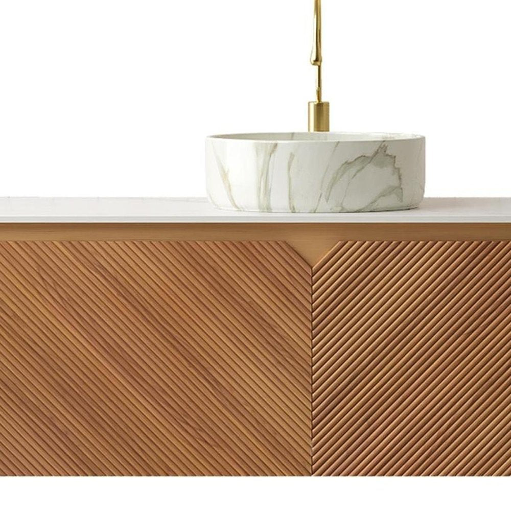 48" Brown Wood Floating Double Door Bathroom Vanity With White Sink
