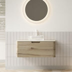 36" Brown Wood Floating Bathroom Vanity With White Sink