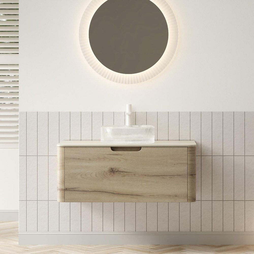 36" Brown Wood Floating Bathroom Vanity With White Sink