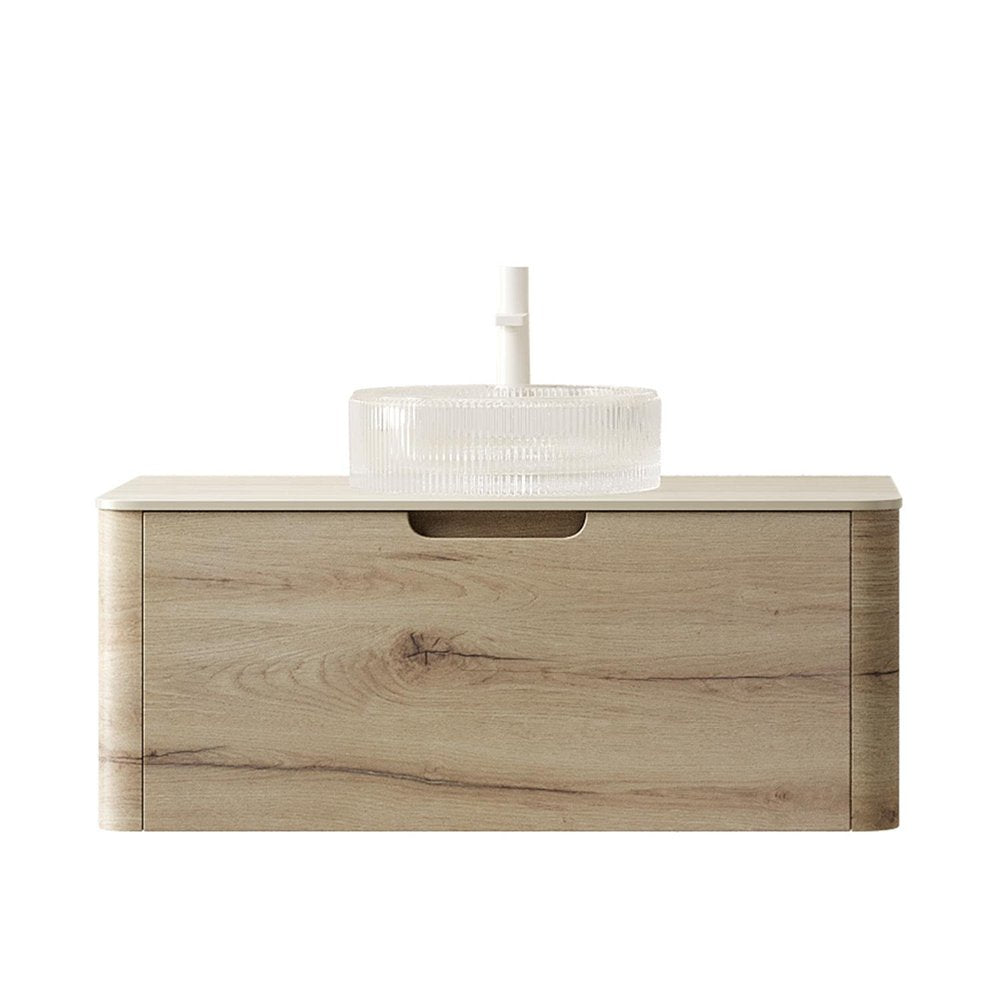 36" Brown Wood Floating Bathroom Vanity With White Sink