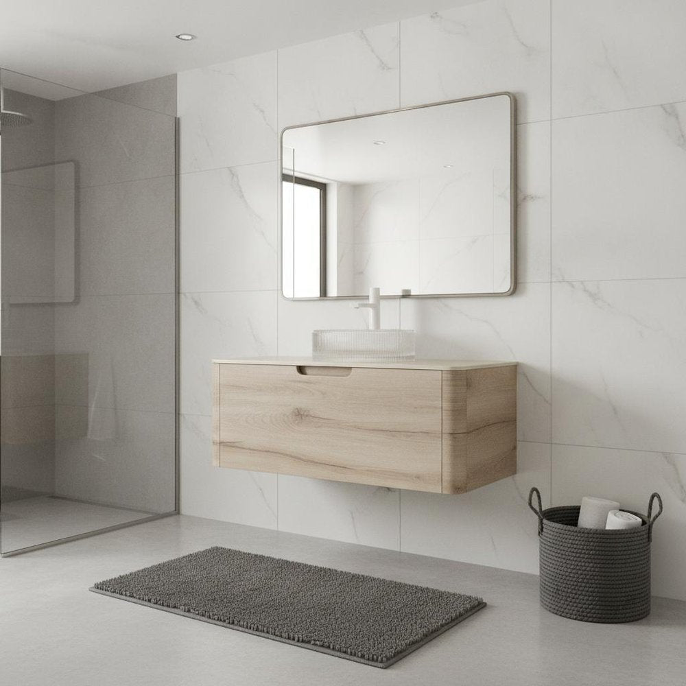 36" Brown Wood Floating Bathroom Vanity With White Sink