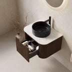 24" Brown Wood Floating Bathroom Vanity With Black Sink