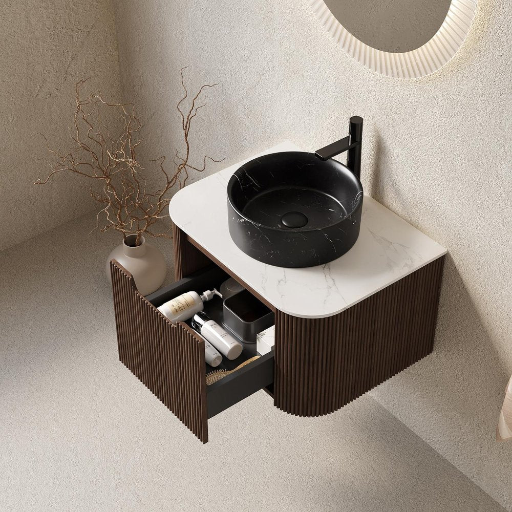 24" Brown Wood Floating Bathroom Vanity With Black Sink