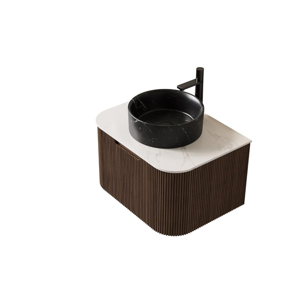 24" Brown Wood Floating Bathroom Vanity With Black Sink