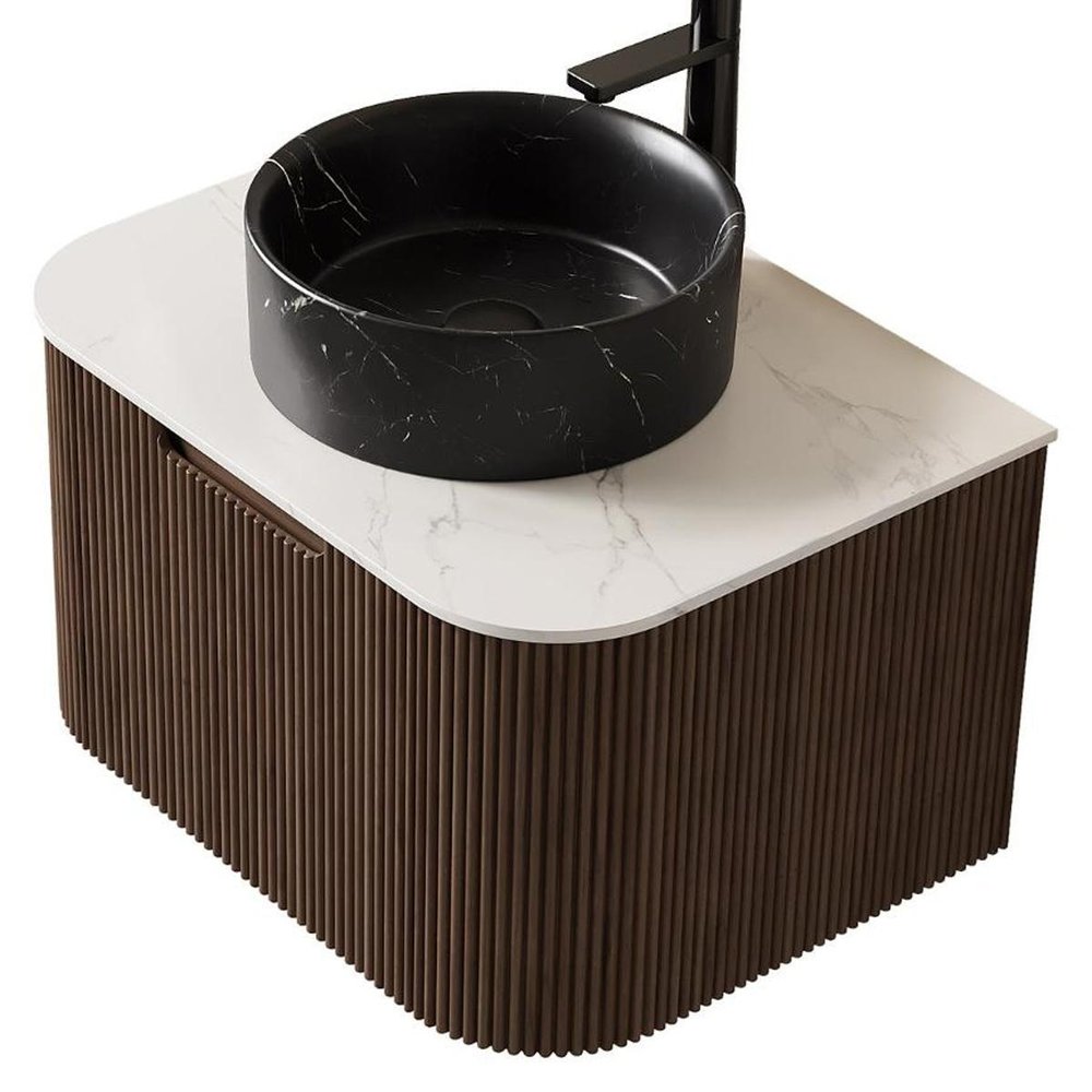 24" Brown Wood Floating Bathroom Vanity With Black Sink