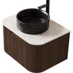 24" Brown Wood Floating Bathroom Vanity With Black Sink