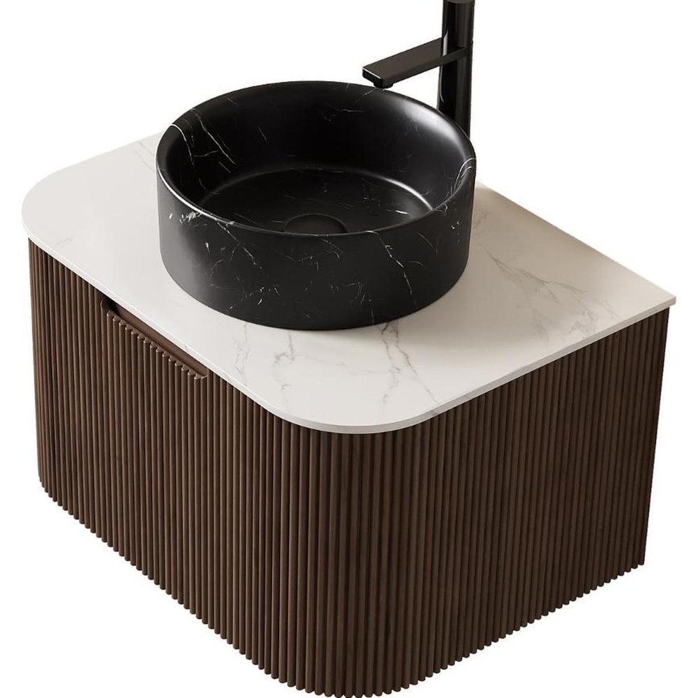 24" Brown Wood Floating Bathroom Vanity With Black Sink