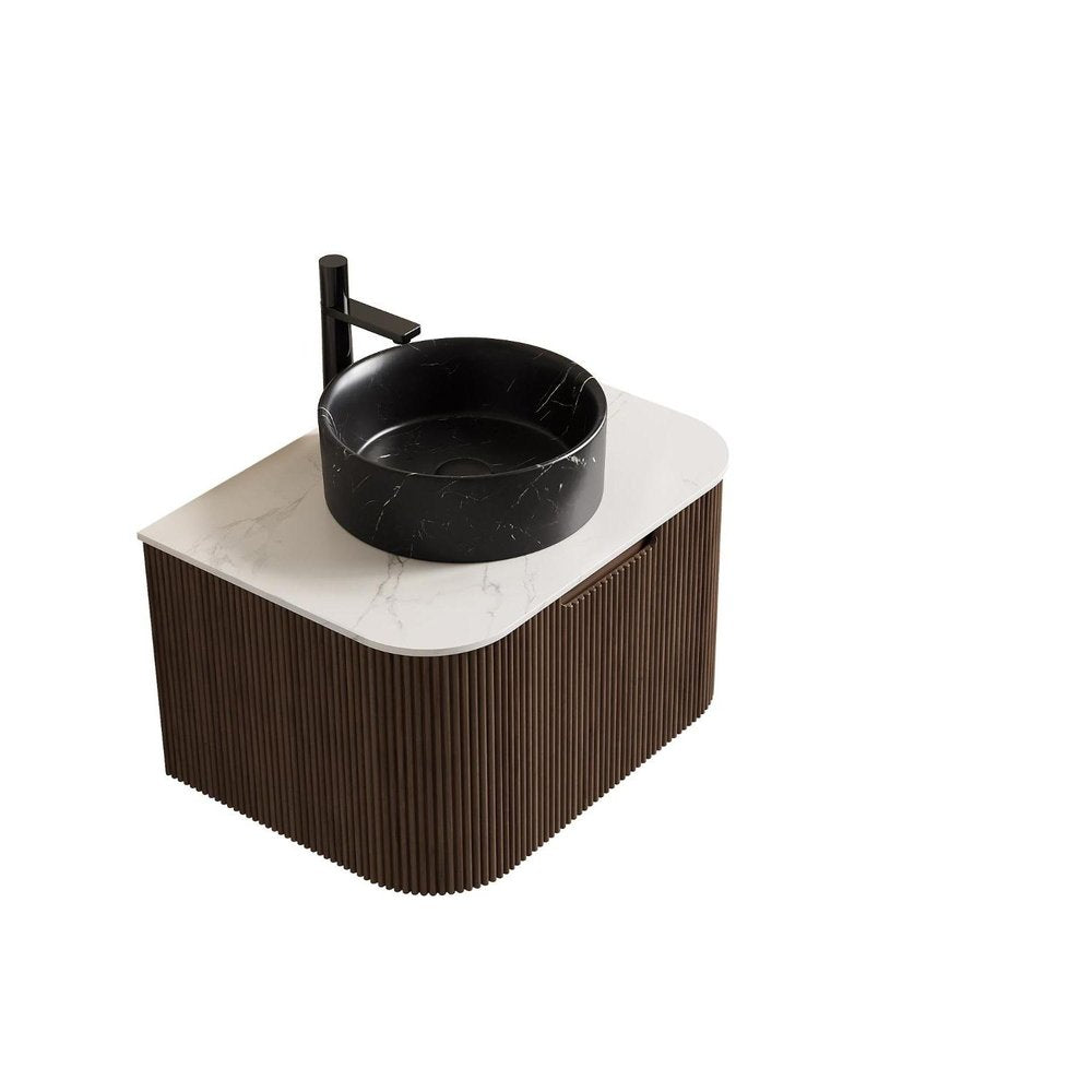 24" Brown Wood Floating Bathroom Vanity With Black Sink