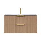 36" Brown Wood Floating Bathroom Vanity With White Sink And Two Drawers