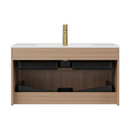 36" Brown Wood Floating Bathroom Vanity With White Sink And Two Drawers