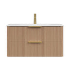 36" Brown Wood Floating Bathroom Vanity With White Sink And Two Drawers
