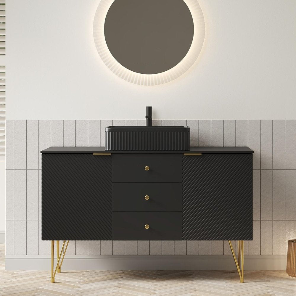 48" Black Wood Freestanding Three Door Bathroom Vanity With Sink And Two Drawers