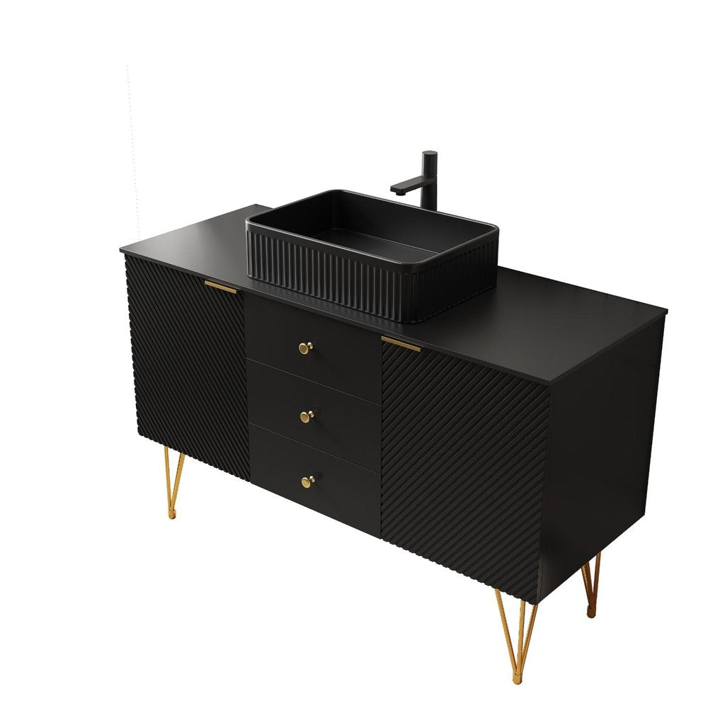 48" Black Wood Freestanding Three Door Bathroom Vanity With Sink And Two Drawers