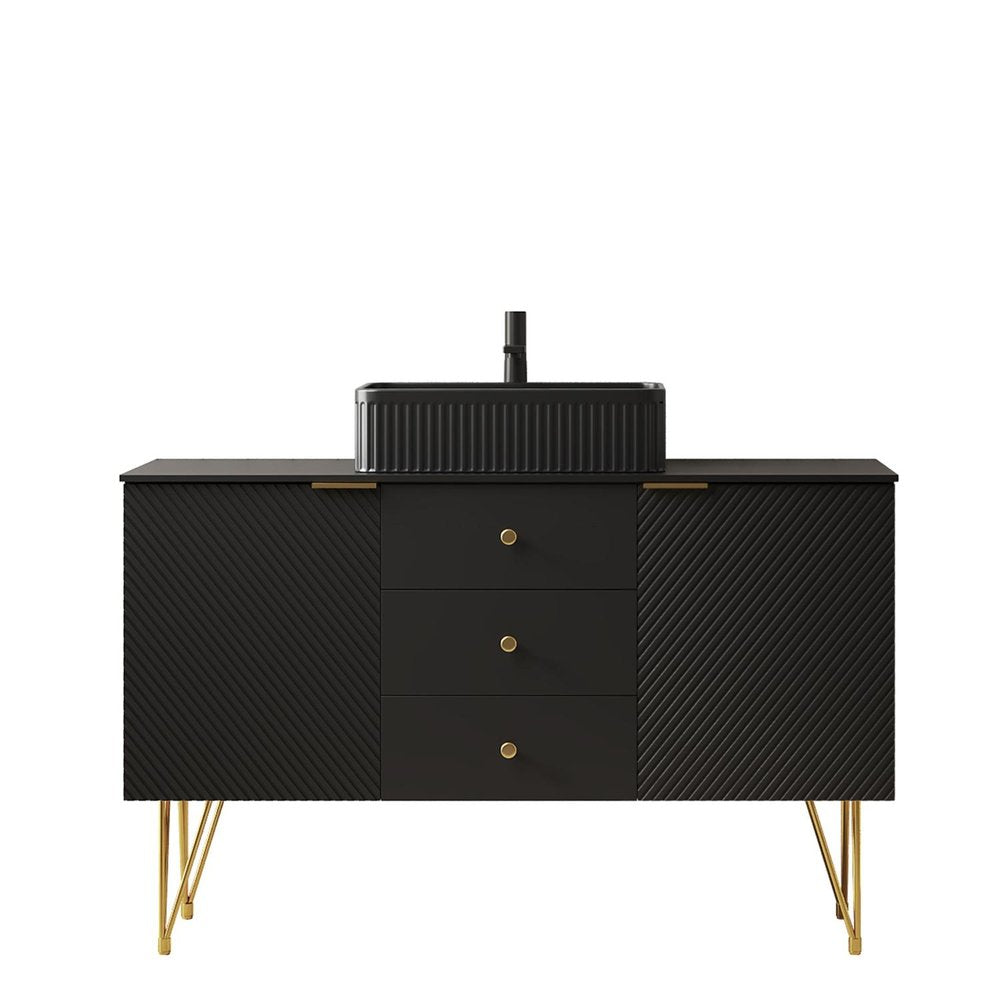 48" Black Wood Freestanding Three Door Bathroom Vanity With Sink And Two Drawers