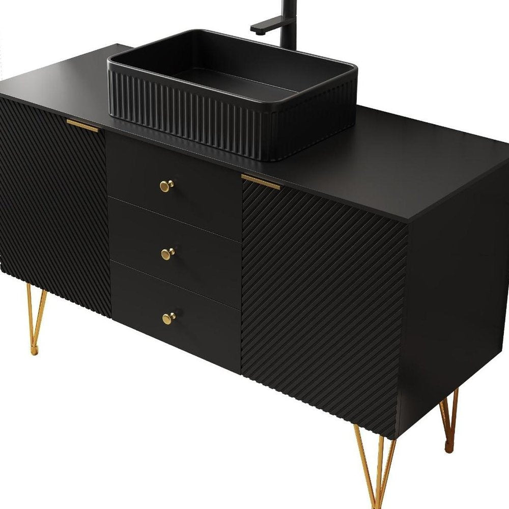 48" Black Wood Freestanding Three Door Bathroom Vanity With Sink And Two Drawers