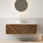 48" Brown Wood Floating Bathroom Vanity With White Sink And Two Drawers
