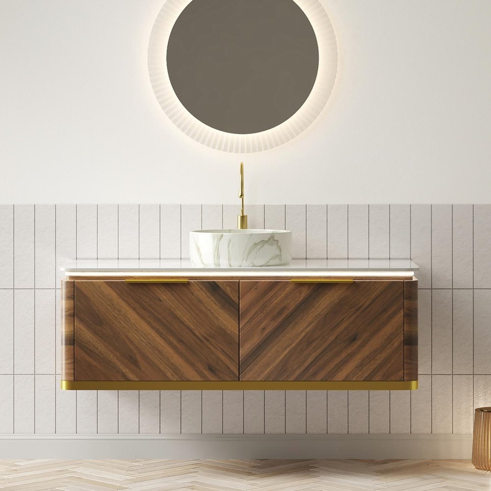 48" Brown Wood Floating Bathroom Vanity With White Sink And Two Drawers